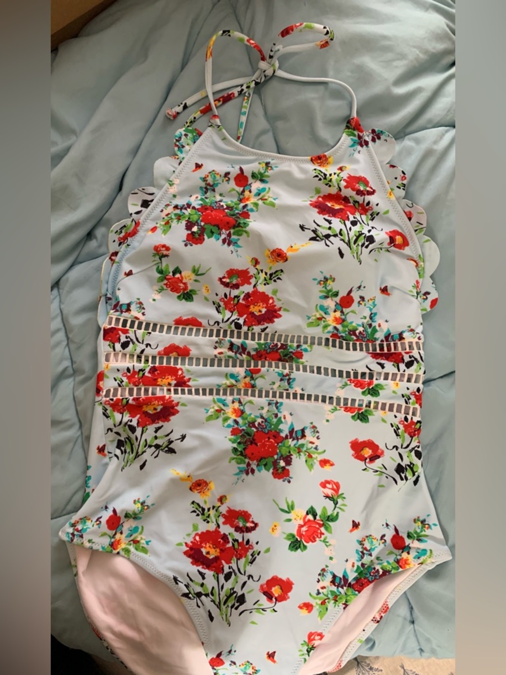 Cupshe pale blue Floral One-Piece Swimsuit with Red & Green Accents